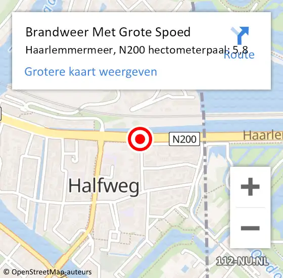 Locatie op kaart van de 112 melding: Brandweer Met Grote Spoed Naar Haarlemmermeer, N200 hectometerpaal: 5,8 op 17 november 2023 15:30