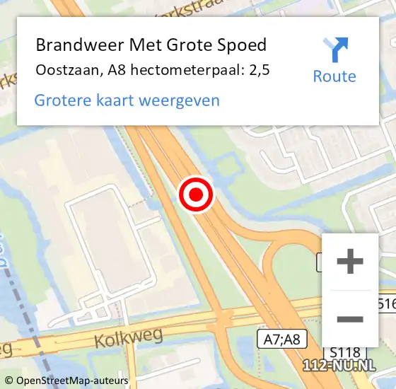 Locatie op kaart van de 112 melding: Brandweer Met Grote Spoed Naar Oostzaan, A8 hectometerpaal: 2,5 op 17 november 2023 16:13