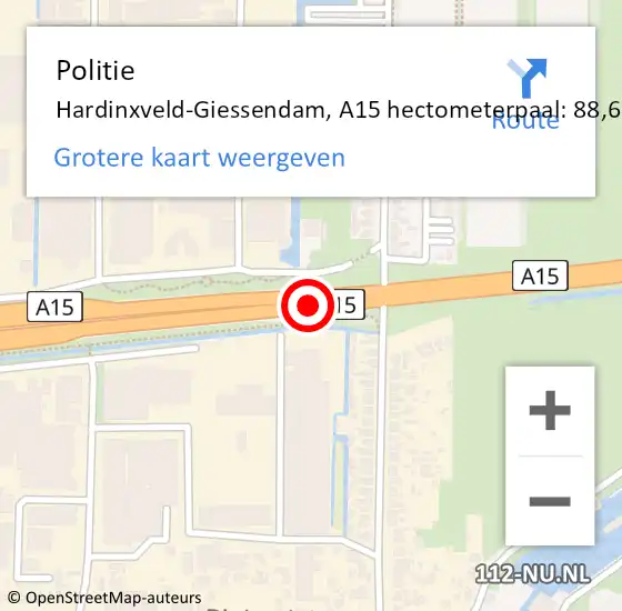 Locatie op kaart van de 112 melding: Politie Hardinxveld-Giessendam, A15 hectometerpaal: 88,6 op 17 november 2023 16:17