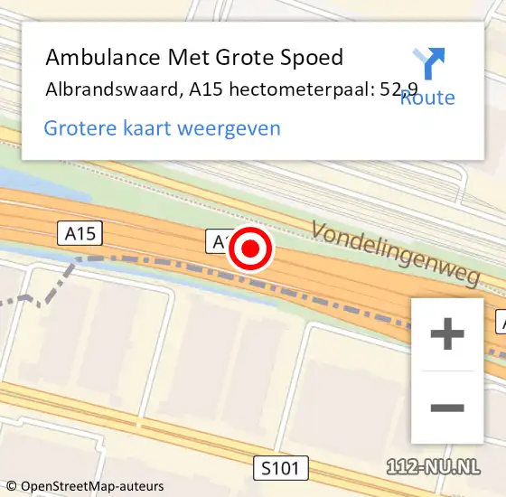 Locatie op kaart van de 112 melding: Ambulance Met Grote Spoed Naar Albrandswaard, A15 hectometerpaal: 52,9 op 17 november 2023 16:55