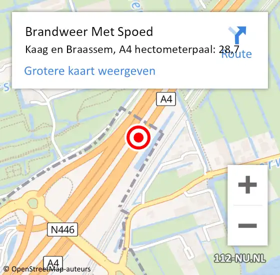 Locatie op kaart van de 112 melding: Brandweer Met Spoed Naar Kaag en Braassem, A4 hectometerpaal: 28,7 op 17 november 2023 18:04