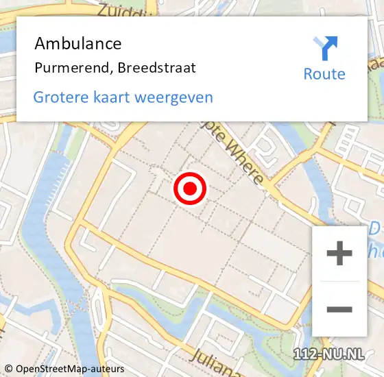 Locatie op kaart van de 112 melding: Ambulance Purmerend, Breedstraat op 17 november 2023 18:14