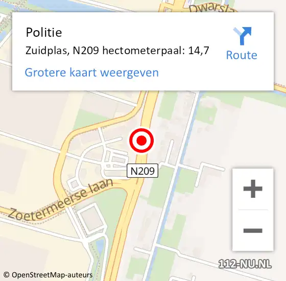 Locatie op kaart van de 112 melding: Politie Zuidplas, N209 hectometerpaal: 14,7 op 17 november 2023 18:58