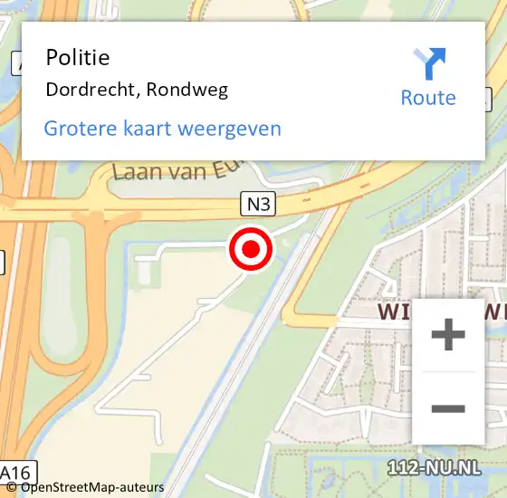 Locatie op kaart van de 112 melding: Politie Dordrecht, Rondweg op 17 november 2023 19:42