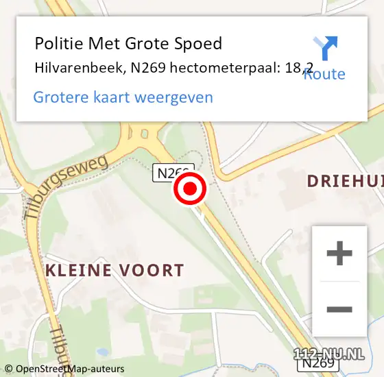 Locatie op kaart van de 112 melding: Politie Met Grote Spoed Naar Hilvarenbeek, N269 hectometerpaal: 18,2 op 17 november 2023 20:46