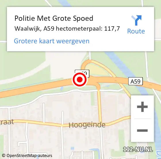 Locatie op kaart van de 112 melding: Politie Met Grote Spoed Naar Waalwijk, A59 hectometerpaal: 117,7 op 17 november 2023 21:27