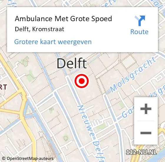 Locatie op kaart van de 112 melding: Ambulance Met Grote Spoed Naar Delft, Kromstraat op 18 november 2023 02:23