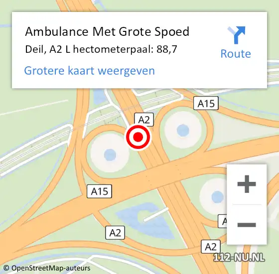 Locatie op kaart van de 112 melding: Ambulance Met Grote Spoed Naar Deil, A2 R hectometerpaal: 90,6 op 15 september 2014 18:11