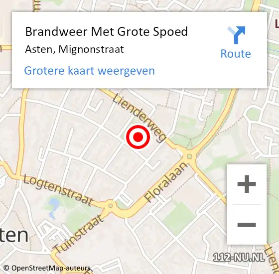 Locatie op kaart van de 112 melding: Brandweer Met Grote Spoed Naar Asten, Mignonstraat op 18 november 2023 10:20