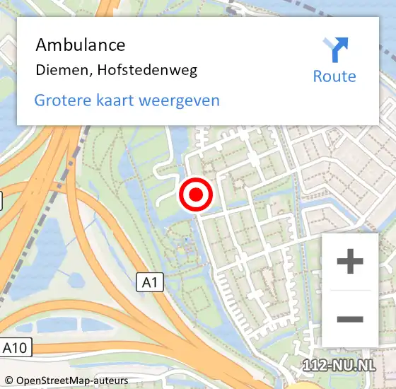 Locatie op kaart van de 112 melding: Ambulance Diemen, Hofstedenweg op 18 november 2023 11:23