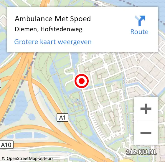 Locatie op kaart van de 112 melding: Ambulance Met Spoed Naar Diemen, Hofstedenweg op 18 november 2023 11:26