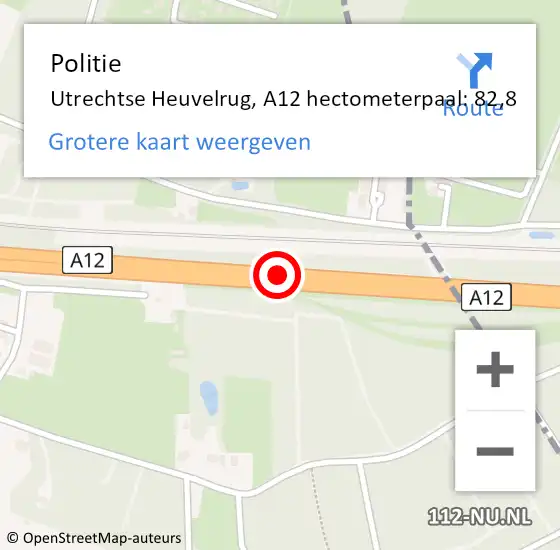 Locatie op kaart van de 112 melding: Politie Utrechtse Heuvelrug, A12 hectometerpaal: 82,8 op 18 november 2023 11:43