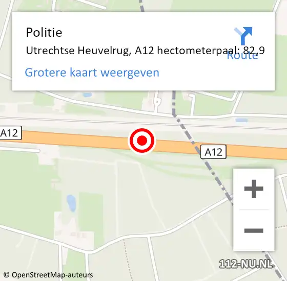 Locatie op kaart van de 112 melding: Politie Utrechtse Heuvelrug, A12 hectometerpaal: 82,9 op 18 november 2023 11:44