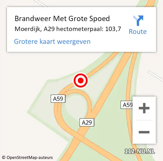 Locatie op kaart van de 112 melding: Brandweer Met Grote Spoed Naar Moerdijk, A29 hectometerpaal: 103,7 op 18 november 2023 12:40