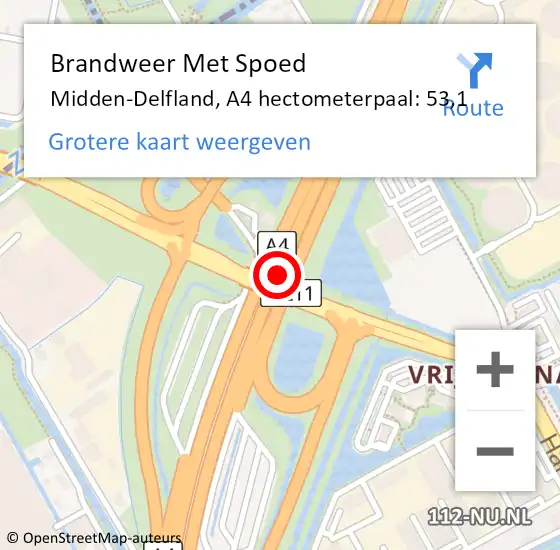 Locatie op kaart van de 112 melding: Brandweer Met Spoed Naar Midden-Delfland, A4 hectometerpaal: 53,1 op 18 november 2023 13:30