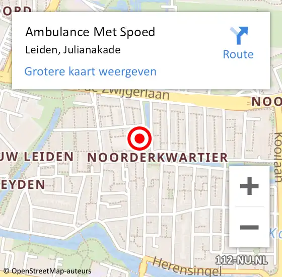 Locatie op kaart van de 112 melding: Ambulance Met Spoed Naar Leiden, Julianakade op 18 november 2023 13:36
