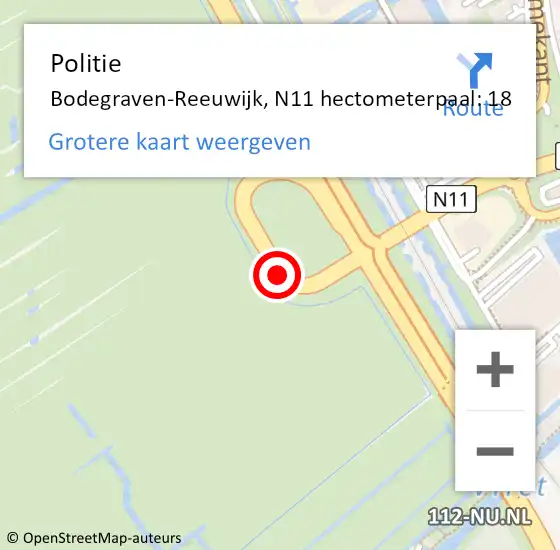 Locatie op kaart van de 112 melding: Politie Bodegraven-Reeuwijk, N11 hectometerpaal: 18 op 18 november 2023 14:24