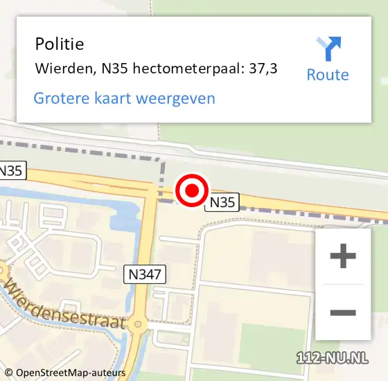 Locatie op kaart van de 112 melding: Politie Wierden, N35 hectometerpaal: 37,3 op 18 november 2023 14:43