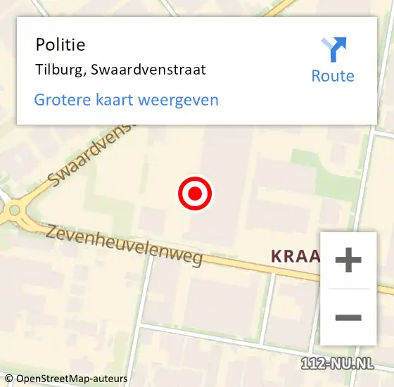 Locatie op kaart van de 112 melding: Politie Tilburg, Swaardvenstraat op 18 november 2023 15:19