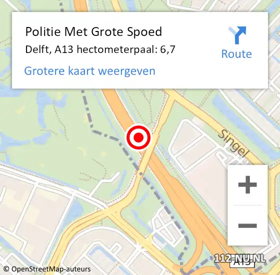 Locatie op kaart van de 112 melding: Politie Met Grote Spoed Naar Delft, A13 hectometerpaal: 6,7 op 18 november 2023 15:45