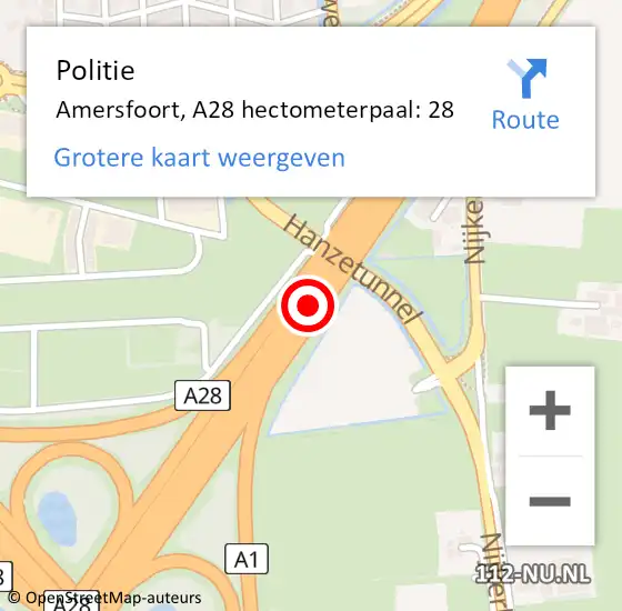 Locatie op kaart van de 112 melding: Politie Amersfoort, A28 hectometerpaal: 28 op 18 november 2023 15:58