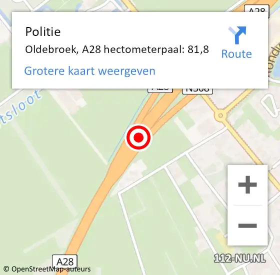 Locatie op kaart van de 112 melding: Politie Oldebroek, A28 hectometerpaal: 81,8 op 18 november 2023 15:59