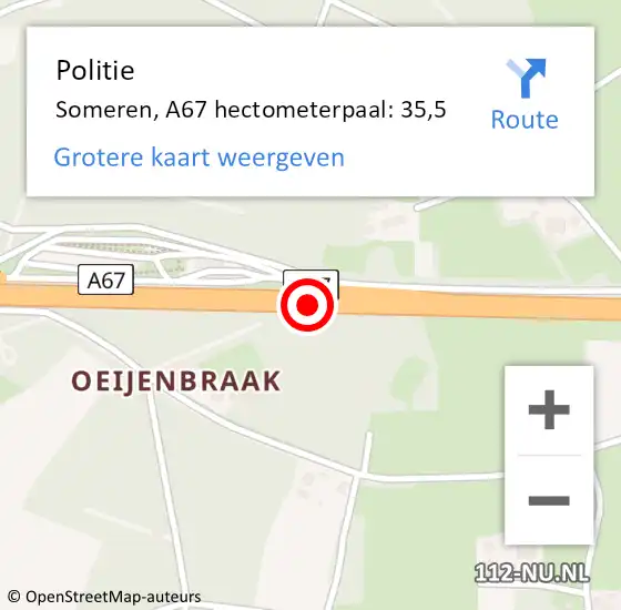 Locatie op kaart van de 112 melding: Politie Someren, A67 hectometerpaal: 35,5 op 18 november 2023 16:24