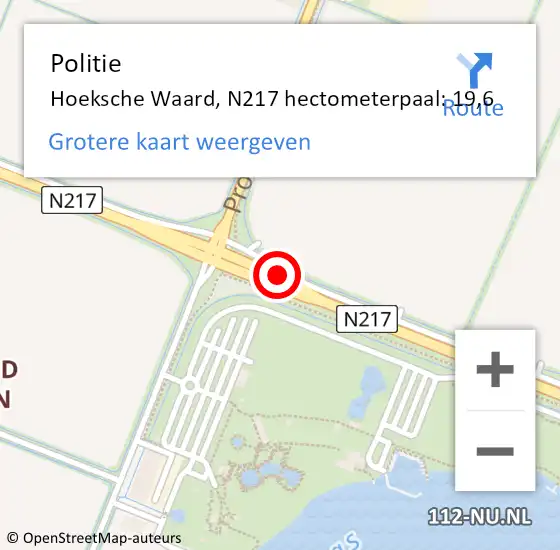 Locatie op kaart van de 112 melding: Politie Hoeksche Waard, N217 hectometerpaal: 19,6 op 18 november 2023 17:02