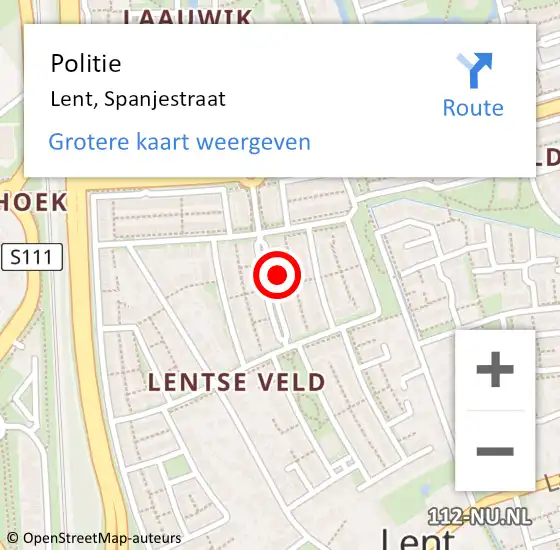 Locatie op kaart van de 112 melding: Politie Lent, Spanjestraat op 18 november 2023 17:04