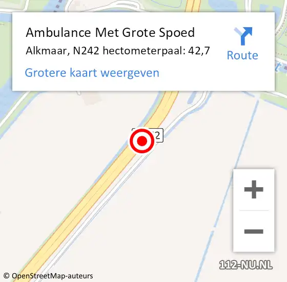 Locatie op kaart van de 112 melding: Ambulance Met Grote Spoed Naar Alkmaar, N242 hectometerpaal: 42,7 op 18 november 2023 17:14