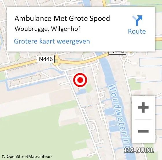 Locatie op kaart van de 112 melding: Ambulance Met Grote Spoed Naar Woubrugge, Wilgenhof op 18 november 2023 19:47