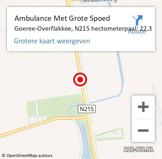 Locatie op kaart van de 112 melding: Ambulance Met Grote Spoed Naar Goeree-Overflakkee, N215 hectometerpaal: 22,3 op 18 november 2023 20:55