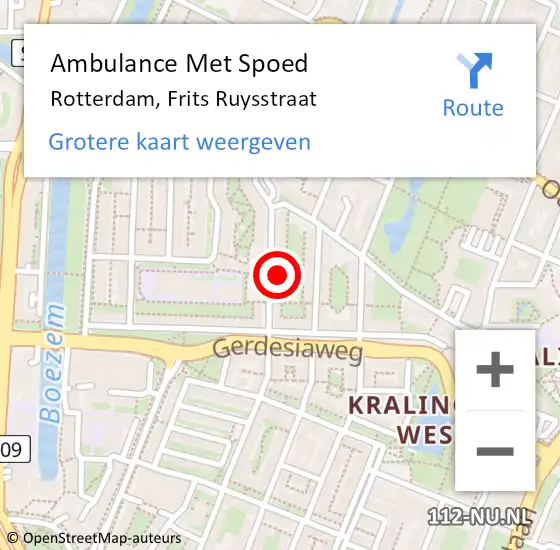 Locatie op kaart van de 112 melding: Ambulance Met Spoed Naar Rotterdam, Frits Ruysstraat op 18 november 2023 22:53