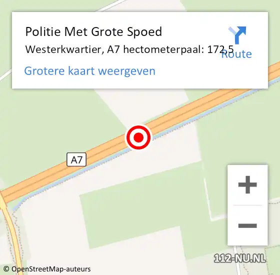 Locatie op kaart van de 112 melding: Politie Met Grote Spoed Naar Westerkwartier, A7 hectometerpaal: 172,5 op 19 november 2023 02:07