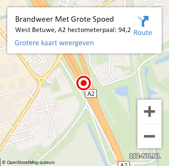 Locatie op kaart van de 112 melding: Brandweer Met Grote Spoed Naar West Betuwe, A2 hectometerpaal: 94,2 op 19 november 2023 05:29