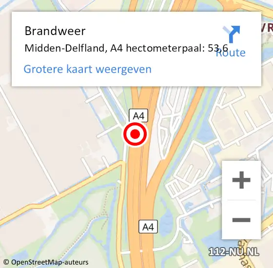 Locatie op kaart van de 112 melding: Brandweer Midden-Delfland, A4 hectometerpaal: 53,6 op 19 november 2023 09:20