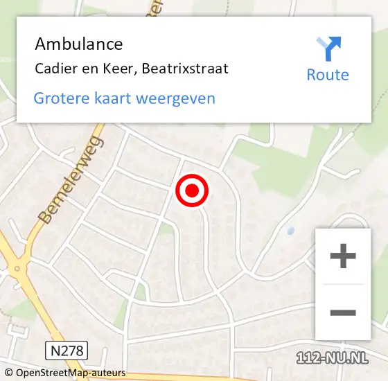 Locatie op kaart van de 112 melding: Ambulance Cadier en Keer, Beatrixstraat op 15 september 2014 20:16