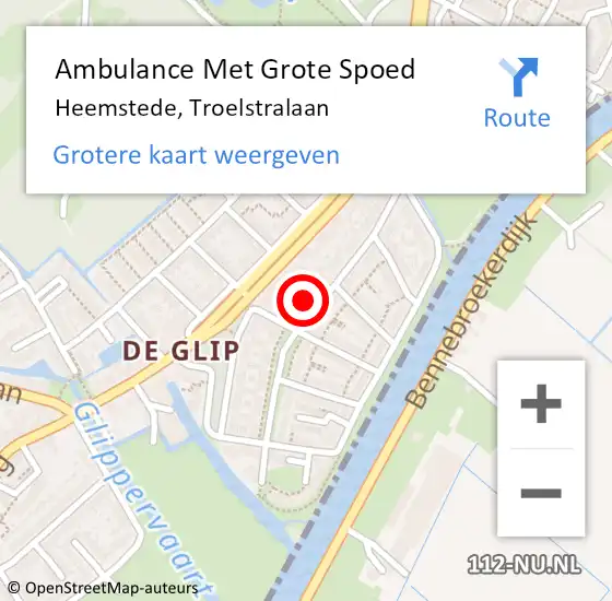 Locatie op kaart van de 112 melding: Ambulance Met Grote Spoed Naar Heemstede, Troelstralaan op 19 november 2023 12:51