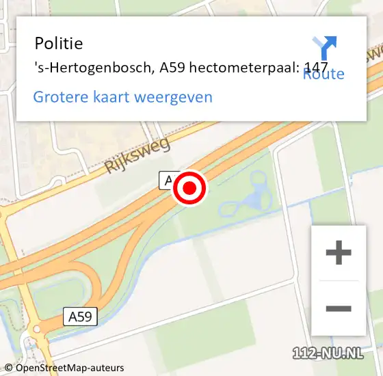Locatie op kaart van de 112 melding: Politie 's-Hertogenbosch, A59 hectometerpaal: 147 op 19 november 2023 16:16