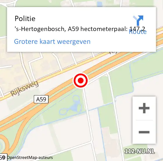 Locatie op kaart van de 112 melding: Politie 's-Hertogenbosch, A59 hectometerpaal: 147,2 op 19 november 2023 16:17
