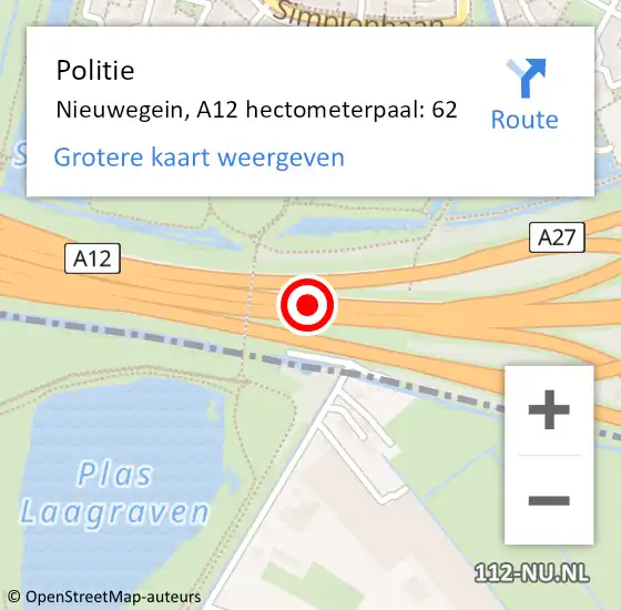Locatie op kaart van de 112 melding: Politie Nieuwegein, A12 hectometerpaal: 62 op 19 november 2023 17:36