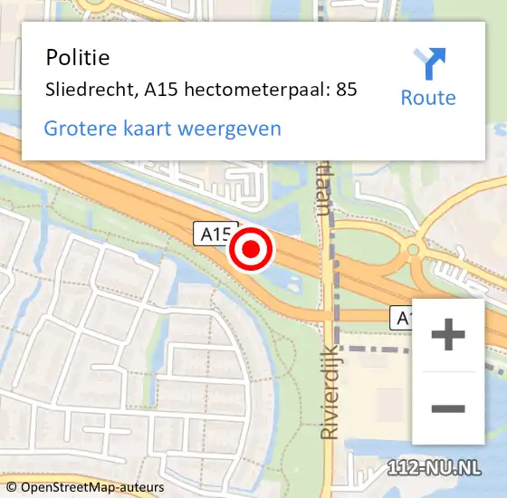 Locatie op kaart van de 112 melding: Politie Sliedrecht, A15 hectometerpaal: 85 op 19 november 2023 18:19