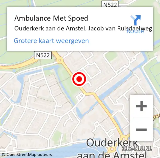 Locatie op kaart van de 112 melding: Ambulance Met Spoed Naar Ouderkerk aan de Amstel, Jacob van Ruisdaelweg op 19 november 2023 19:00