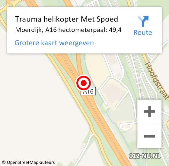 Locatie op kaart van de 112 melding: Trauma helikopter Met Spoed Naar Moerdijk, A16 hectometerpaal: 49,4 op 19 november 2023 19:49