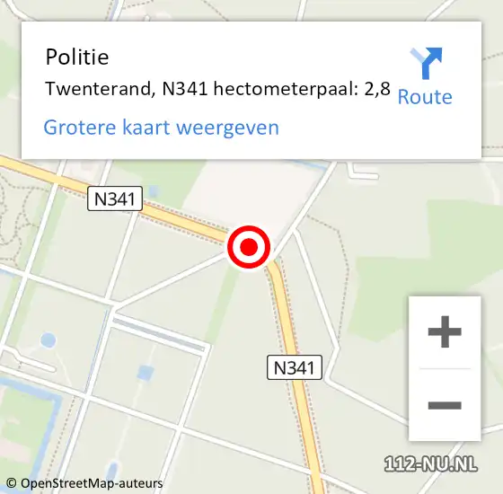 Locatie op kaart van de 112 melding: Politie Twenterand, N341 hectometerpaal: 2,8 op 19 november 2023 20:20