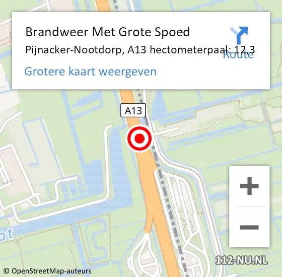 Locatie op kaart van de 112 melding: Brandweer Met Grote Spoed Naar Pijnacker-Nootdorp, A13 hectometerpaal: 12,3 op 19 november 2023 20:59