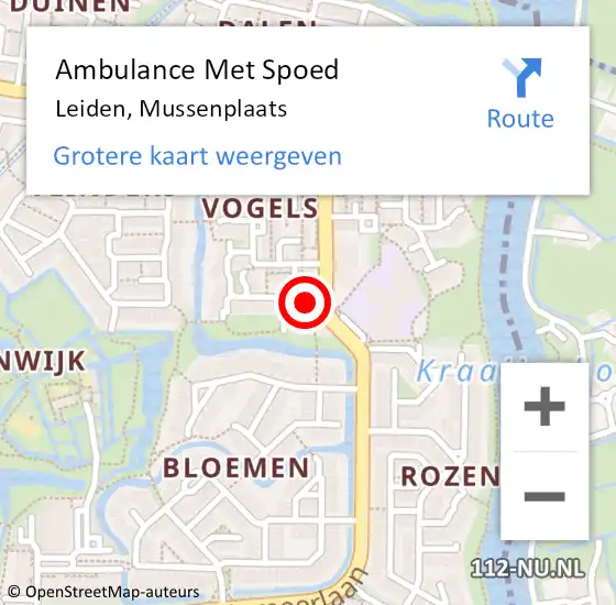 Locatie op kaart van de 112 melding: Ambulance Met Spoed Naar Leiden, Mussenplaats op 19 november 2023 21:47