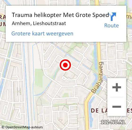 Locatie op kaart van de 112 melding: Trauma helikopter Met Grote Spoed Naar Arnhem, Lieshoutstraat op 20 november 2023 02:32