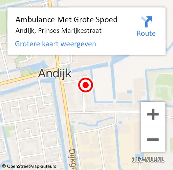 Locatie op kaart van de 112 melding: Ambulance Met Grote Spoed Naar Andijk, Prinses Marijkestraat op 20 november 2023 06:27