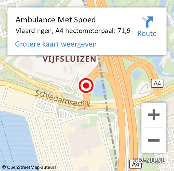 Locatie op kaart van de 112 melding: Ambulance Met Spoed Naar Vlaardingen, A4 hectometerpaal: 71,9 op 20 november 2023 08:03